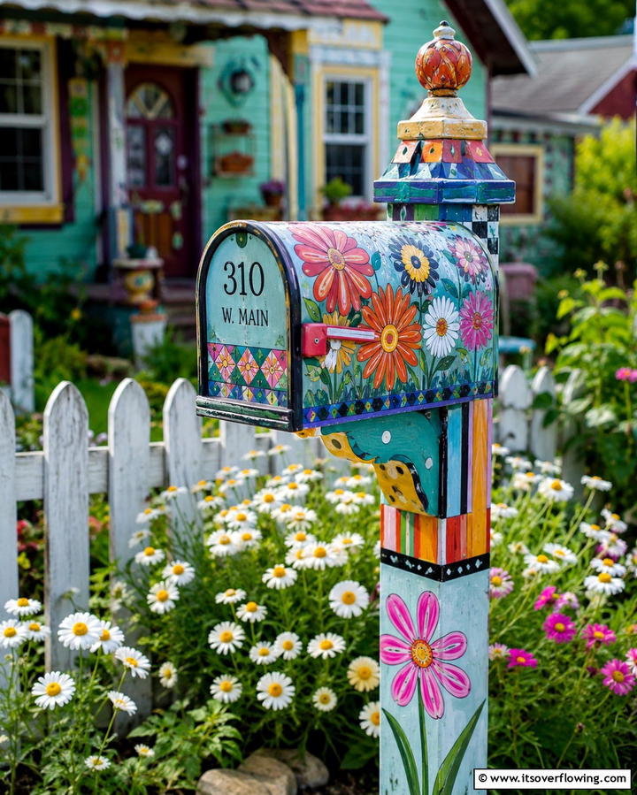 Whimsical Painted Mailbox Post - 25 Unique Mailbox Post Ideas to Boost Curb Appeal