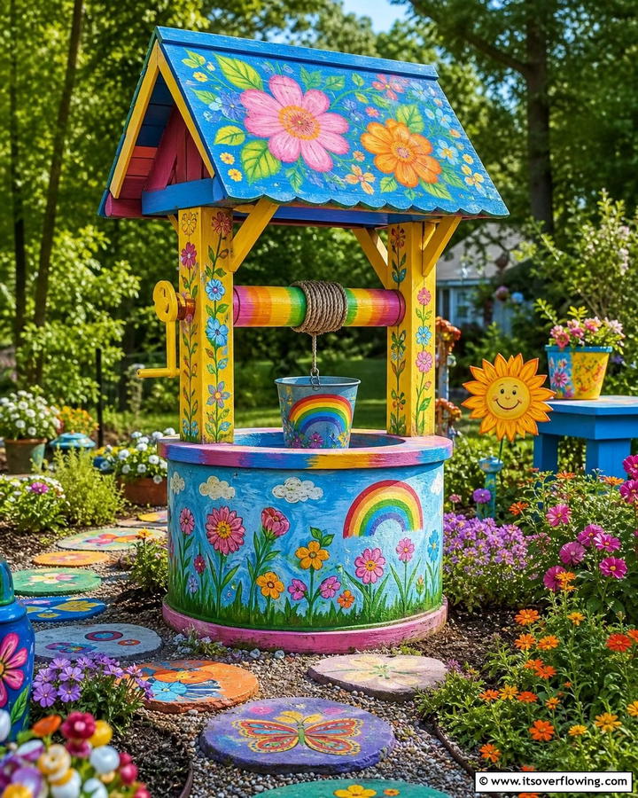 Whimsical Painted Wishing Well - 20 Outdoor Wishing Well Garden Ideas for Enchantment