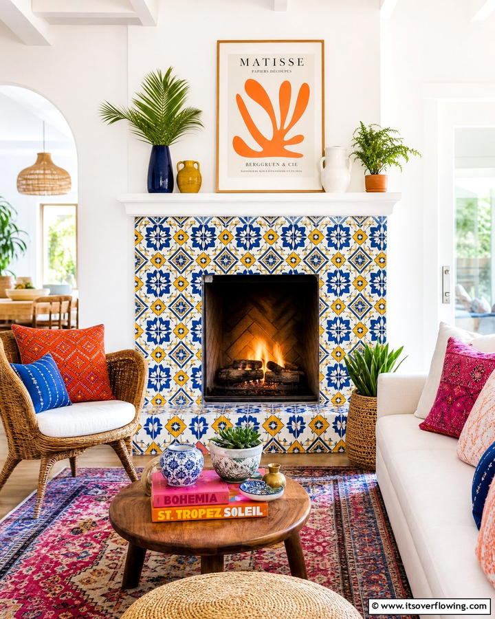 Whimsical Patterned Tiles - 21 Fireplace Decor Ideas to Style Your Mantel Year-Round