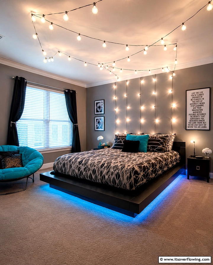 Whimsical String Light Displays - 30 Vibrant Boho Teen Bedroom Ideas for Creative Self-Expression