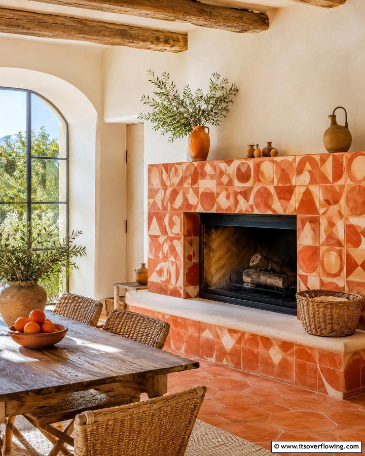 Whimsical Terracotta Tiles - 30 French Country Fireplace Ideas- Rustic Charm