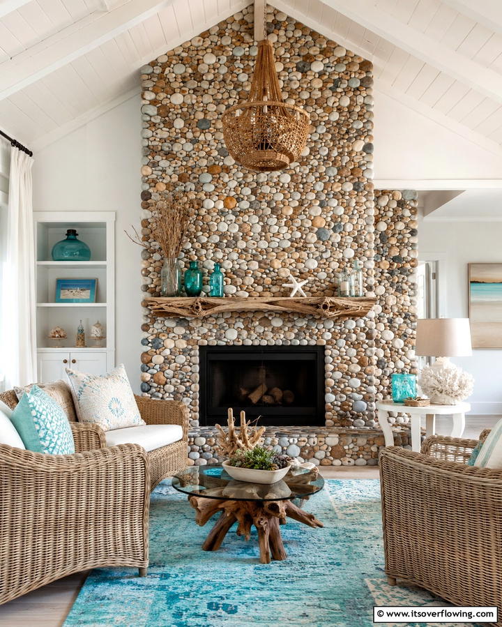 Whimsical Texture with Pebblestone - 25 Floor-to-Ceiling Stone Fireplace Ideas for Cozy Homes