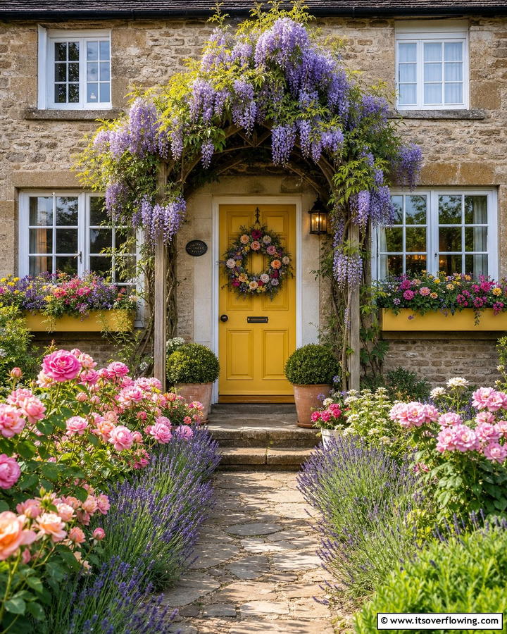 Whimsical Touch with Floral Accents - 20 Mustard Yellow Front Door Ideas for a Bold Entrance