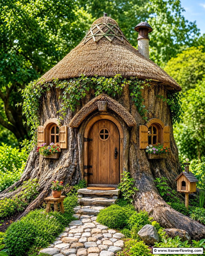 Whimsical Tree Stump Cottage - 25 Tree Stump Fairy Garden Ideas for Enchanting Spaces