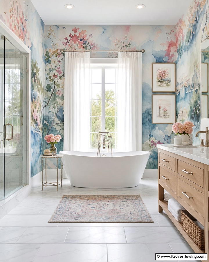 Whimsical Watercolor Scenes - 21 Bathroom Wallpaper Ideas to Add Bold Patterns or Subtle Texture