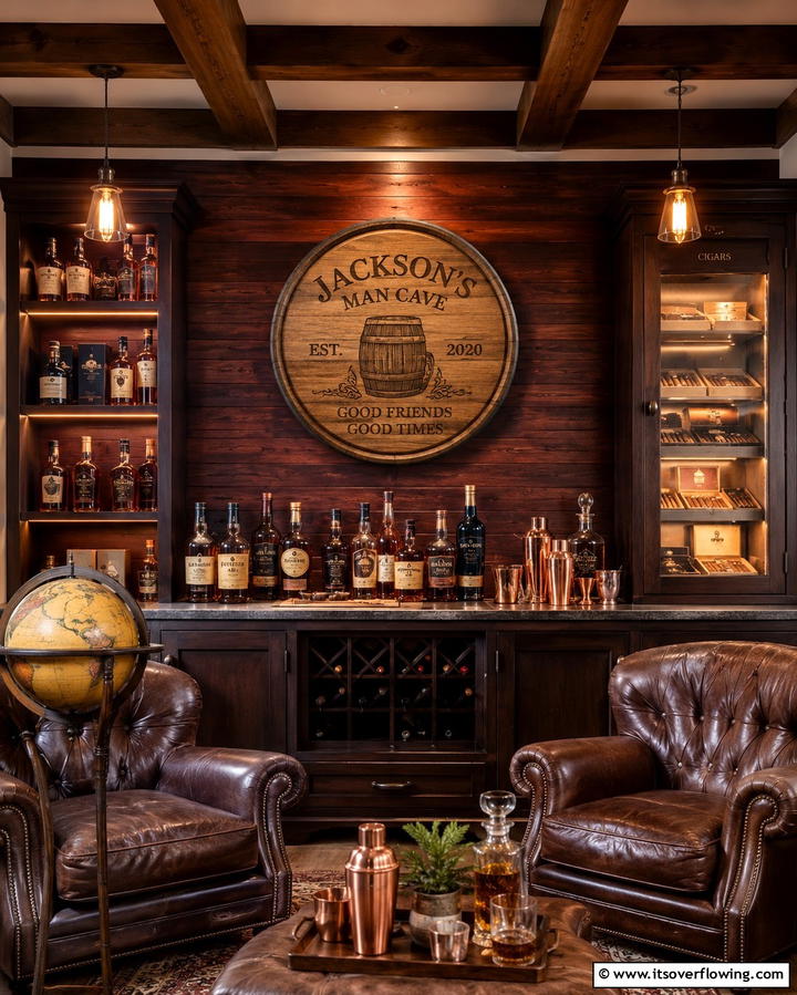 Whiskey Barrel Lid Sign - 20 Man Cave Sign Ideas for a Personalized Space