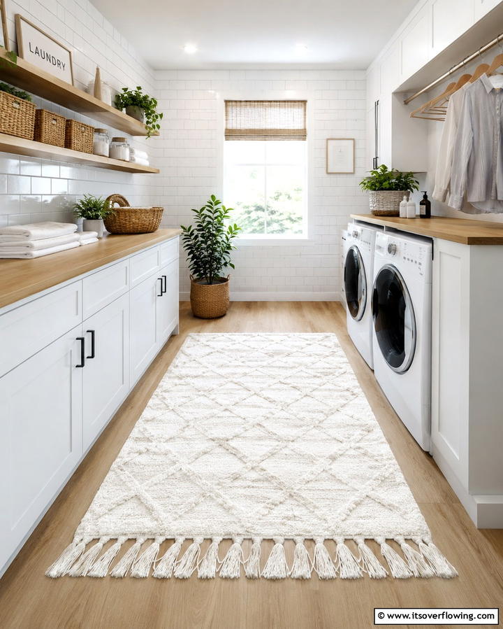 White Accent Rug - 20 White Laundry Room Ideas for a Clean and Bright Space