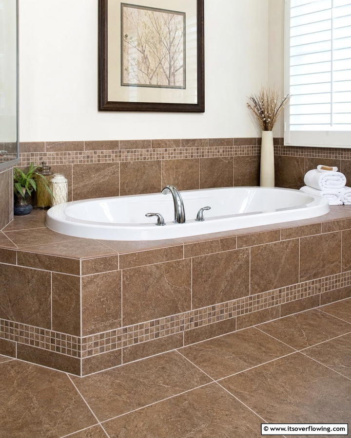 White Bathtub with Brown Tile Surround - 20 Timeless Brown and White Bathroom Ideas for a Clean Look