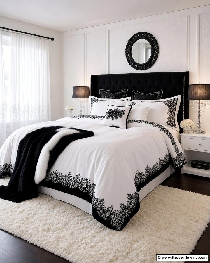 White Bedding with Black Lace Accents - 20 Feminine Black and White Bedroom Ideas for Elegance