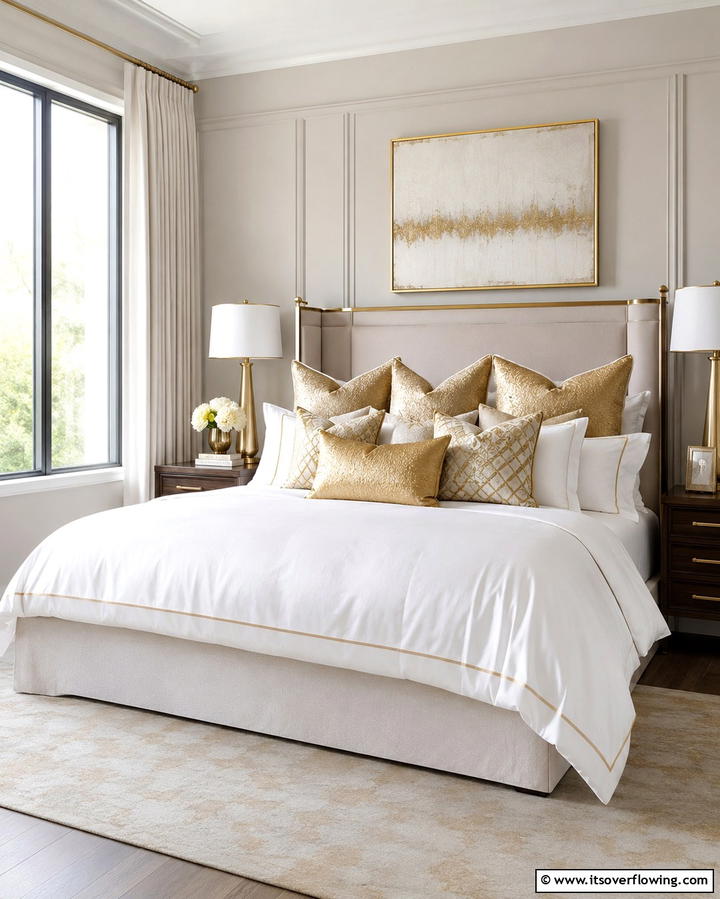 White Bedding with Gold Throw Pillows - 25 White and Gold Bedroom Ideas for a Serene Retreat