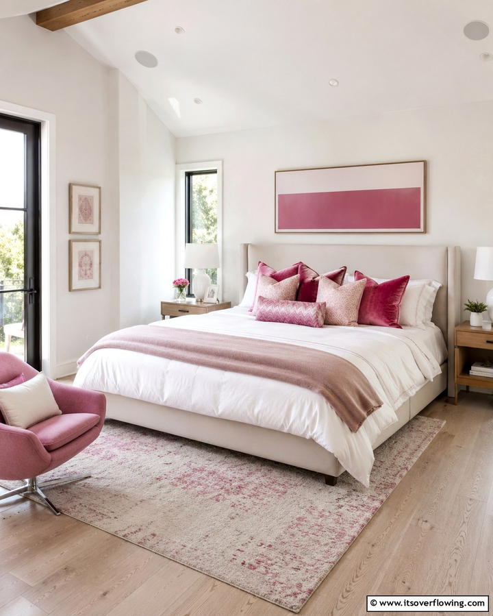 White Bedding with Pink Accent Pillows - 25 Pink and White Bedroom Ideas for a Fresh and Airy Look