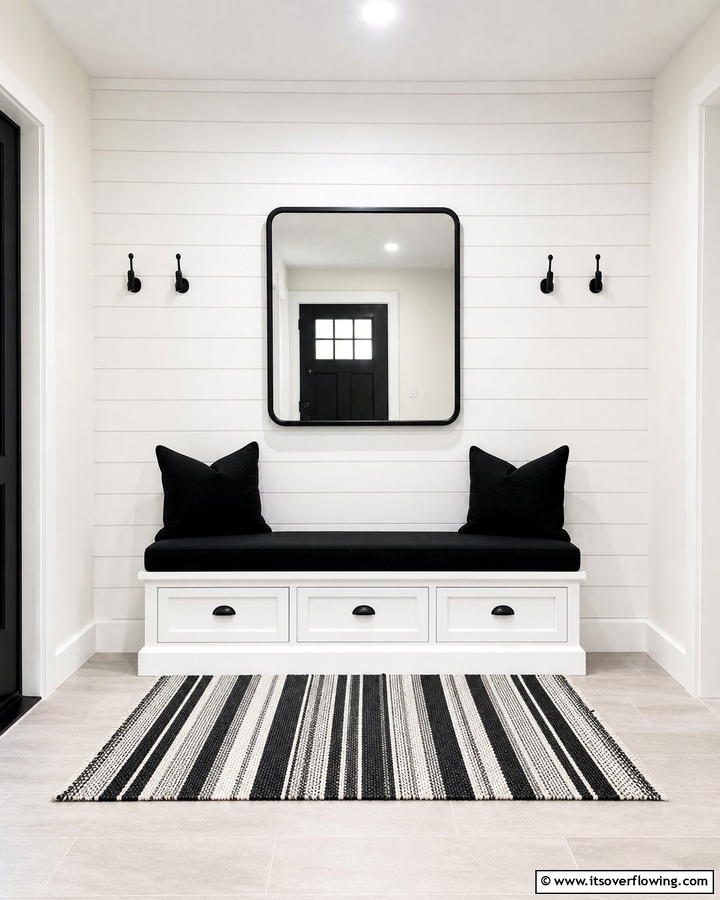 White Bench with Black Cushions - 20 Black and White Entryway Design Ideas for a Chic Look