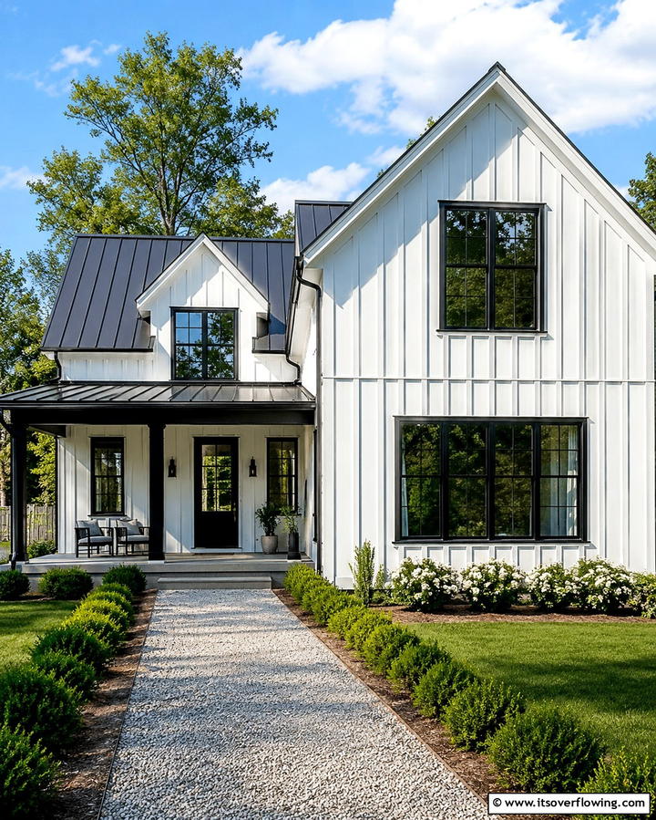 White Board and Batten Siding with Black Windows - 25 White Farmhouse with Black Windows Ideas