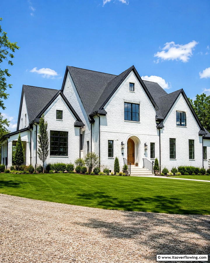 White Brick Farmhouse with Black WindowsExact - 25 White Farmhouse with Black Windows Ideas