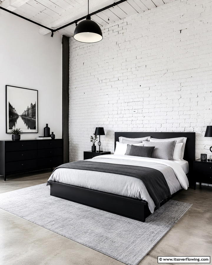 White Brick Walls with Black Furniture - 25 Black and White Bedroom Ideas for a Timeless Design
