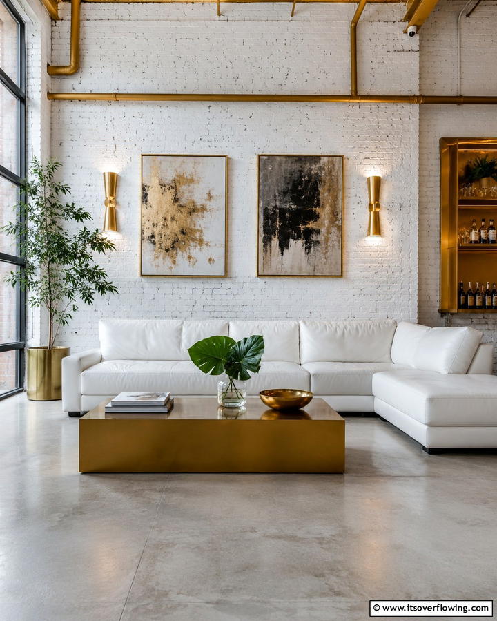White Brick Walls with Gold Accents - 25 White and Gold Living Room Ideas for Elegance