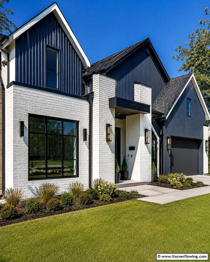 White Brick with Navy Vinyl Siding - 25 Vinyl Siding and Brick Combinations for Curb Appeal