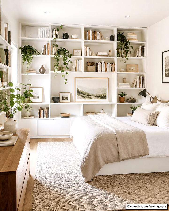 White Built In Shelves for Storage - 20 White and Cream Bedroom Ideas for a Serene Retreat