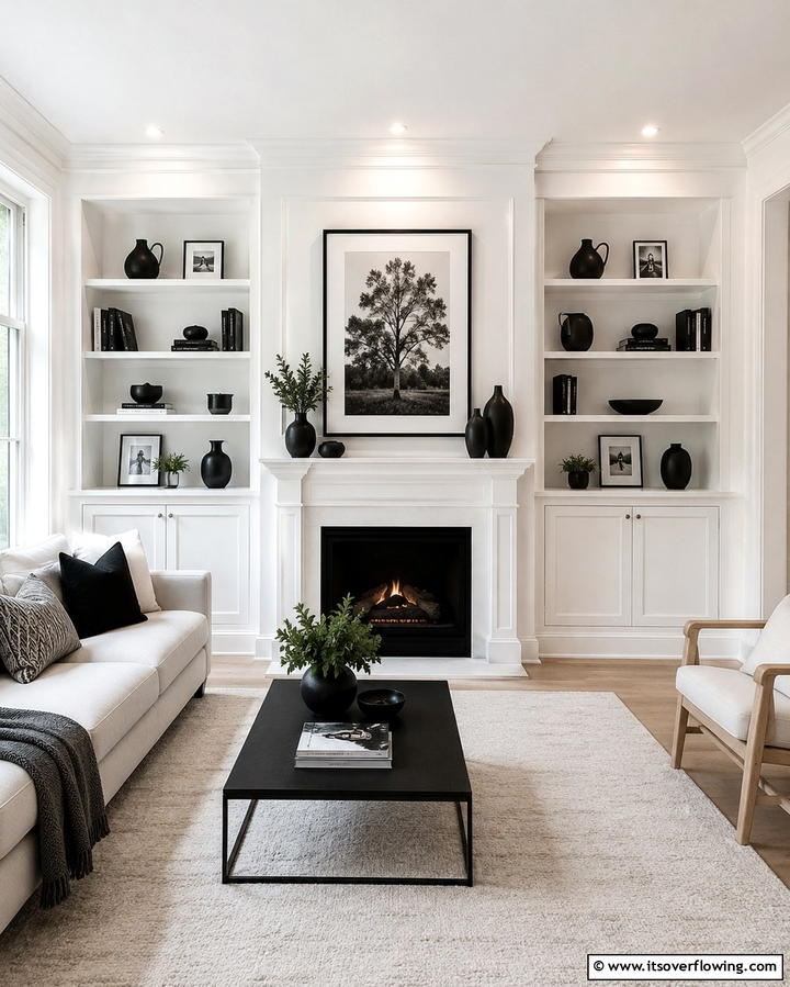White Built In Shelves - 25 Black and White Fireplace Ideas for Timeless Elegance