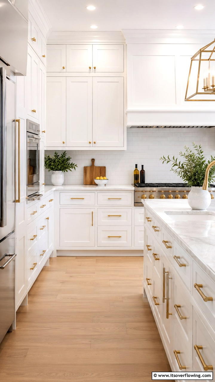 White Cabinets Adorned with Gold Knobs and Pulls - 21 White and Gold Kitchen Ideas for Timeless Elegance