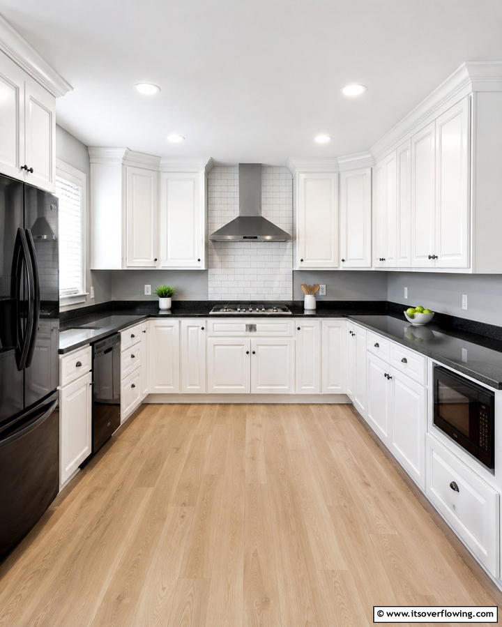 White Cabinets with Black Countertops - 30 White Kitchen Designs with Bold Black Appliances