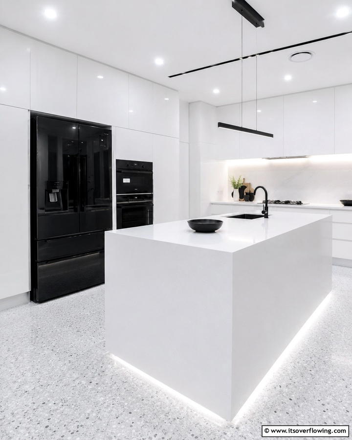 White Cabinets with Black Glass Appliances - 30 White Kitchen Designs with Bold Black Appliances