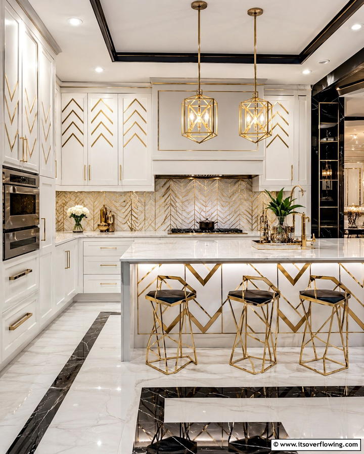 White Cabinets with Gold Chevron Detailing - 20 White Kitchen Cabinets With Gold Hardware Ideas