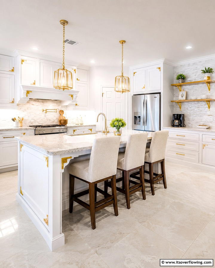 White Cabinets with Gold Corner Protectors - 20 White Kitchen Cabinets With Gold Hardware Ideas