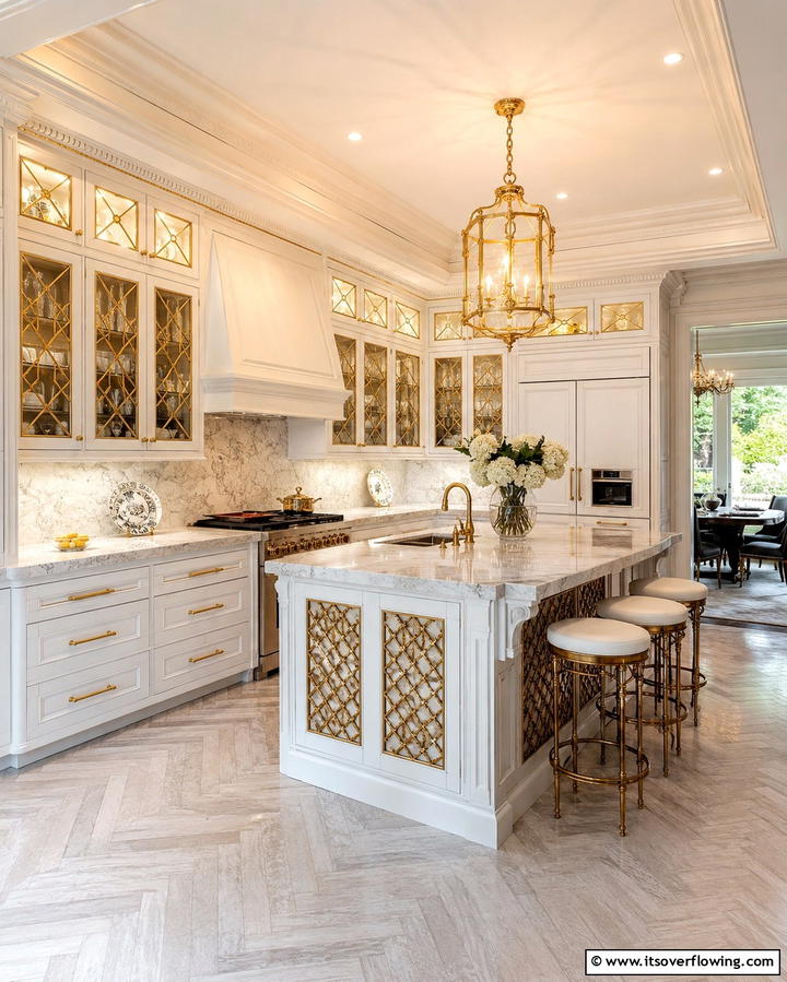 White Cabinets with Gold Lattice Inserts - 20 White Kitchen Cabinets With Gold Hardware Ideas