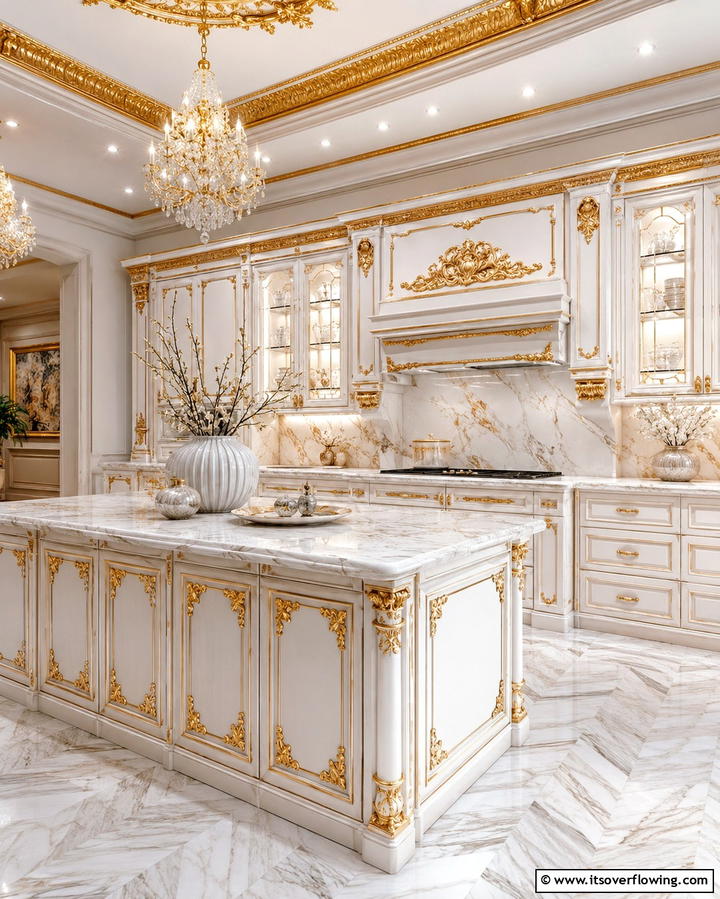 White Cabinets with Gold Leaf Accents - 20 White Kitchen Cabinets With Gold Hardware Ideas