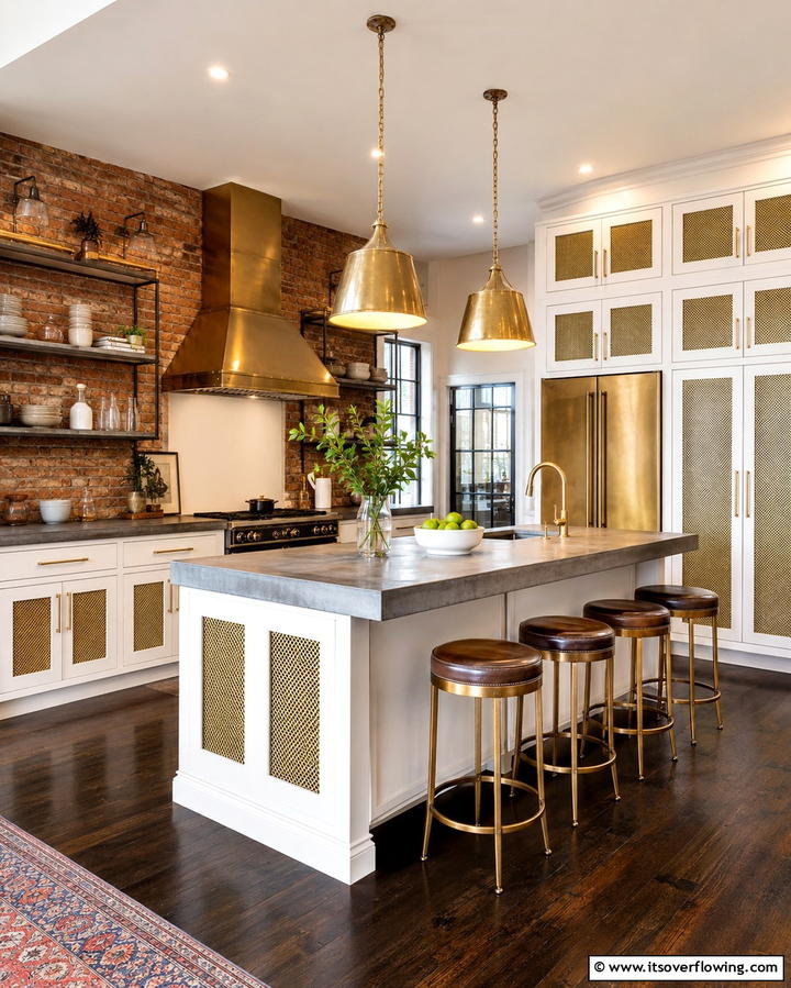 White Cabinets with Gold Mesh Panels - 20 White Kitchen Cabinets With Gold Hardware Ideas