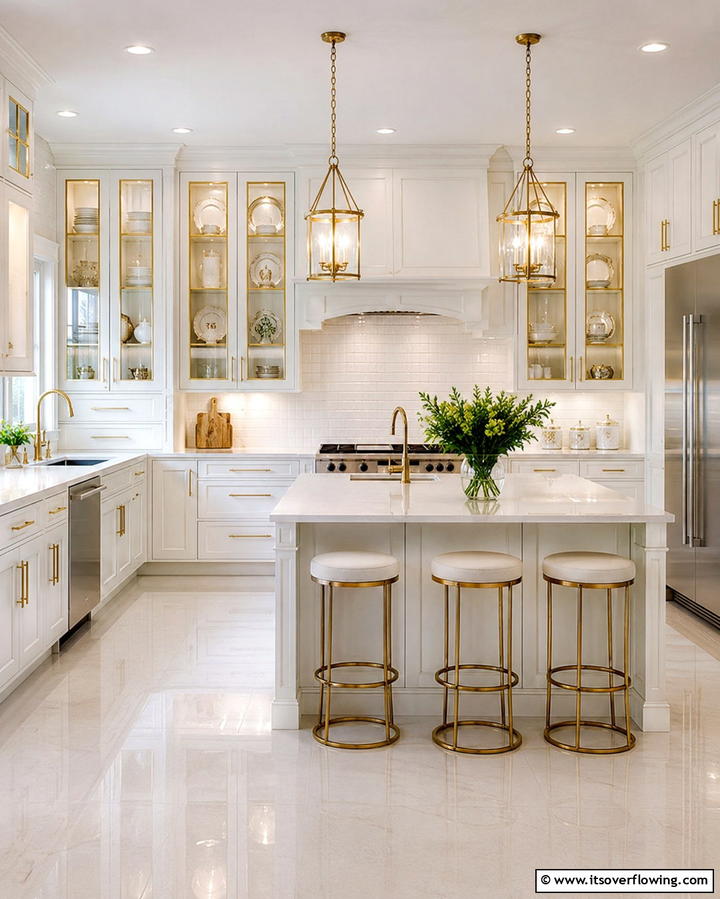 White Cabinets with Gold Trim and Glass Doors - 20 White Kitchen Cabinets With Gold Hardware Ideas