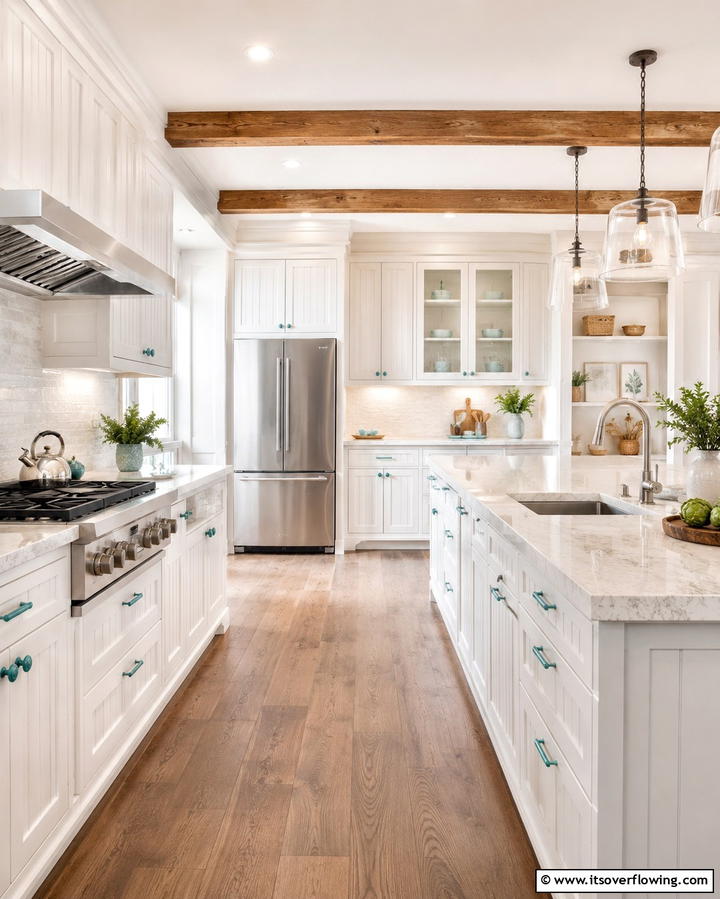 White Cabinets with Teal Hardware - 25 Teal and White Kitchen Ideas for a Fresh Look