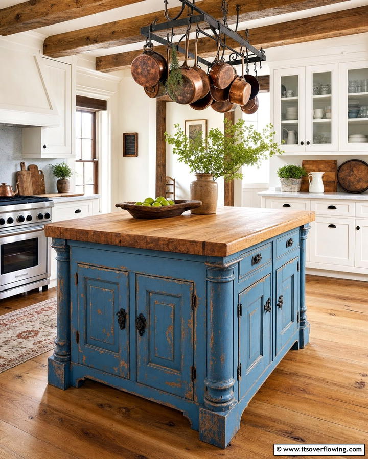 White Cabinets with a Distressed Blue Island - 25 White Kitchen Cabinets With Blue Island Ideas