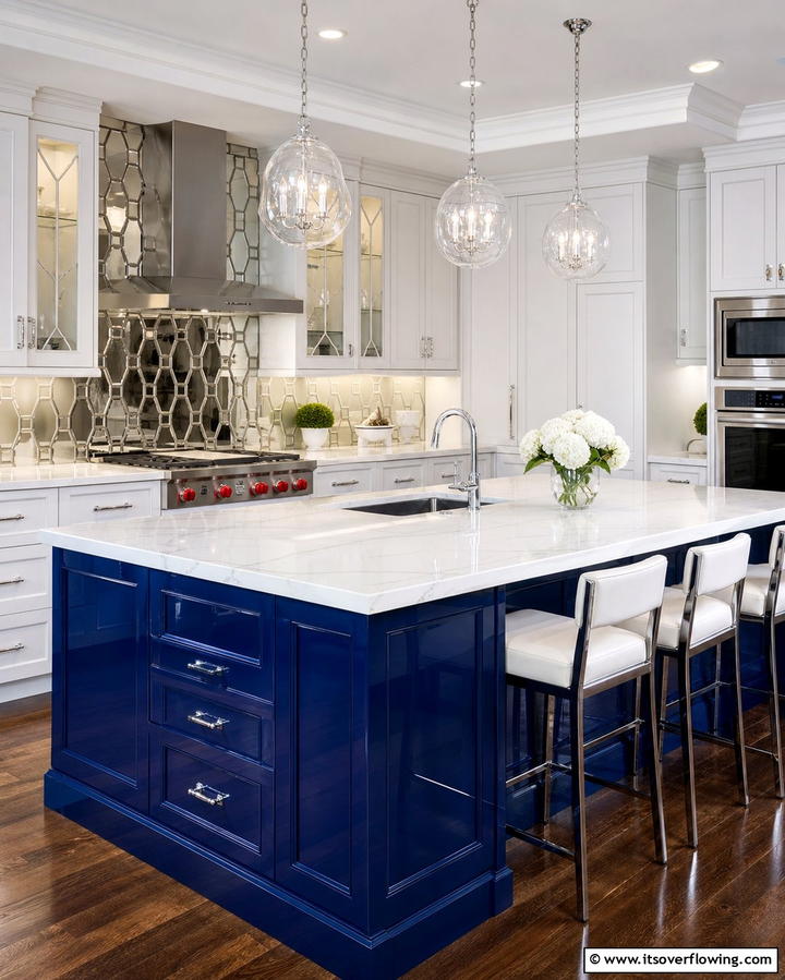 White Cabinets with a Glossy Sapphire Blue Island - 25 White Kitchen Cabinets With Blue Island Ideas