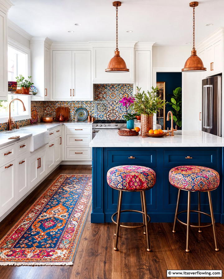 White Cabinets with a Peacock Blue Island - 25 White Kitchen Cabinets With Blue Island Ideas