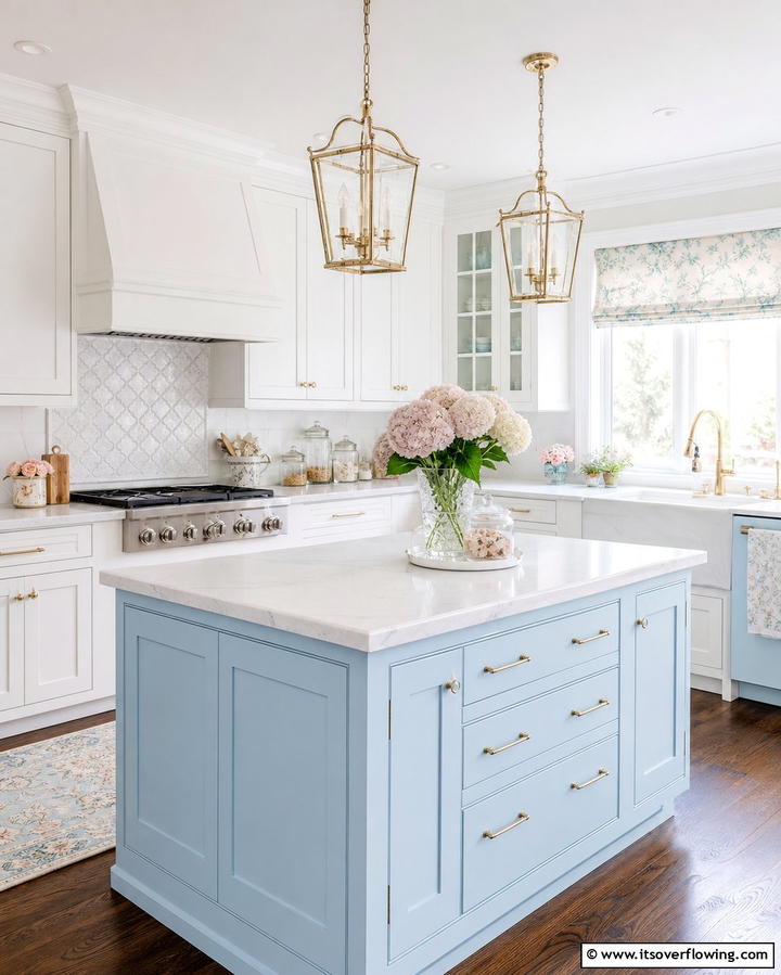 White Cabinets with a Powder Blue Island - 25 White Kitchen Cabinets With Blue Island Ideas