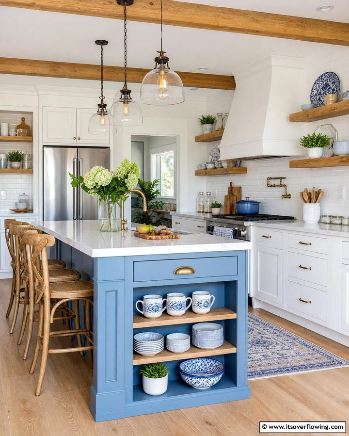 White Cabinets with a Sky Blue Island and Open Shelving - 25 White Kitchen Cabinets With Blue Island Ideas