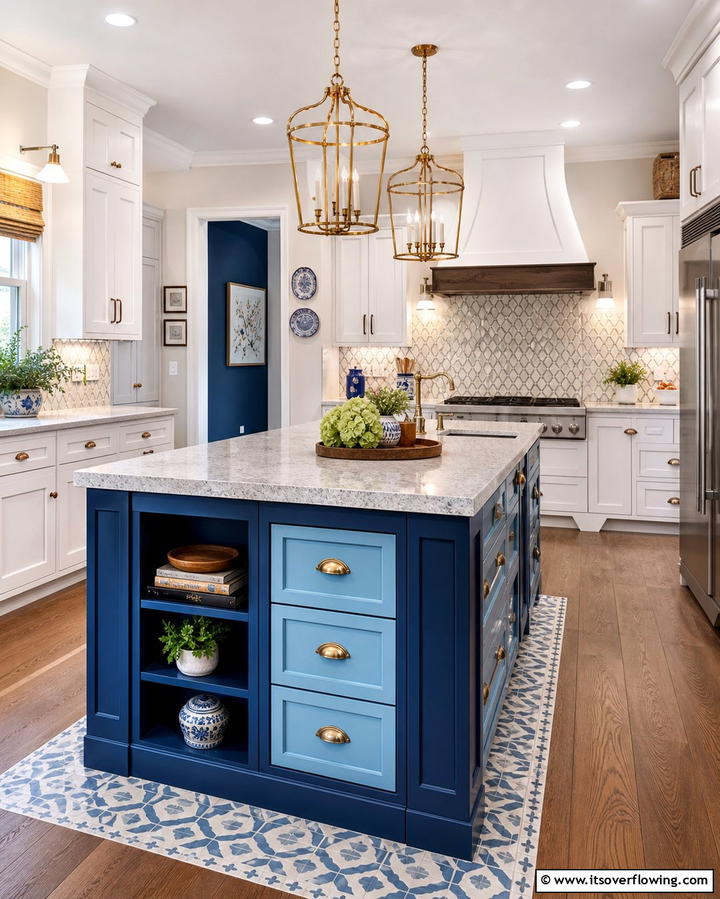 White Cabinets with a Two Tone Blue Island - 25 White Kitchen Cabinets With Blue Island Ideas