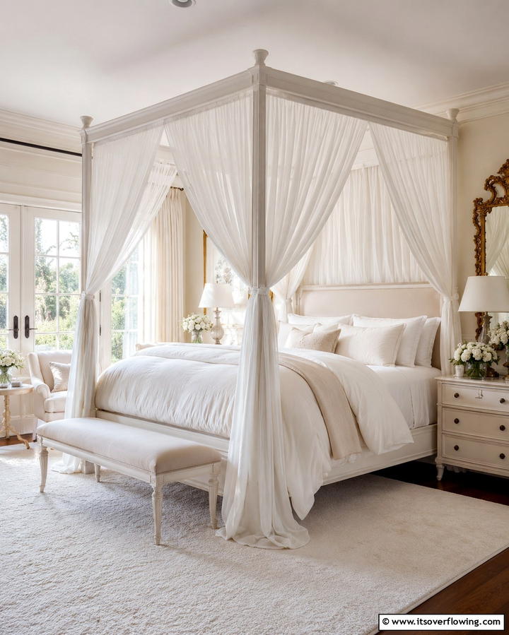 White Canopy Bed for Elegance - 20 White and Cream Bedroom Ideas for a Serene Retreat