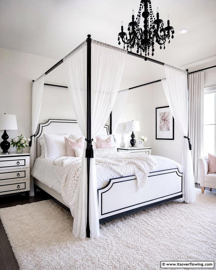 White Canopy Bed with Black Details - 20 Feminine Black and White Bedroom Ideas for Elegance