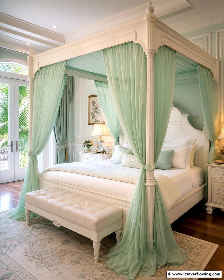 White Canopy Bed with Green Drapes - 25 Green and White Bedroom Ideas for Serenity