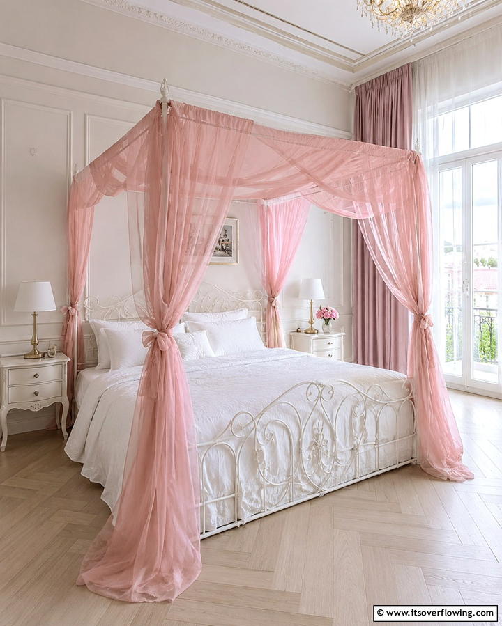 White Canopy Bed with Pink Drapes - 25 Pink and White Bedroom Ideas for a Fresh and Airy Look