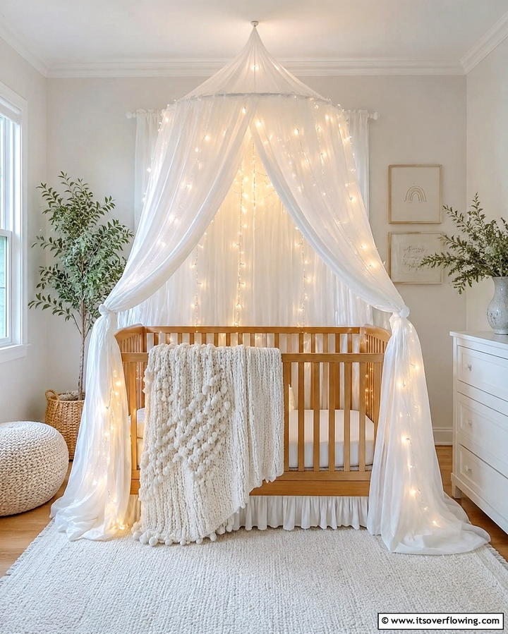 White Canopy for a Dreamy Look - 25 White Nursery Ideas for a Calming Baby Room