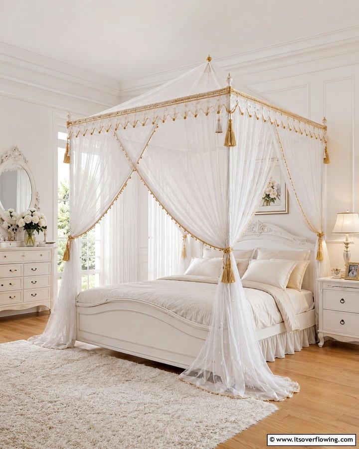 White Canopy with Gold Details - 25 White and Gold Bedroom Ideas for a Serene Retreat