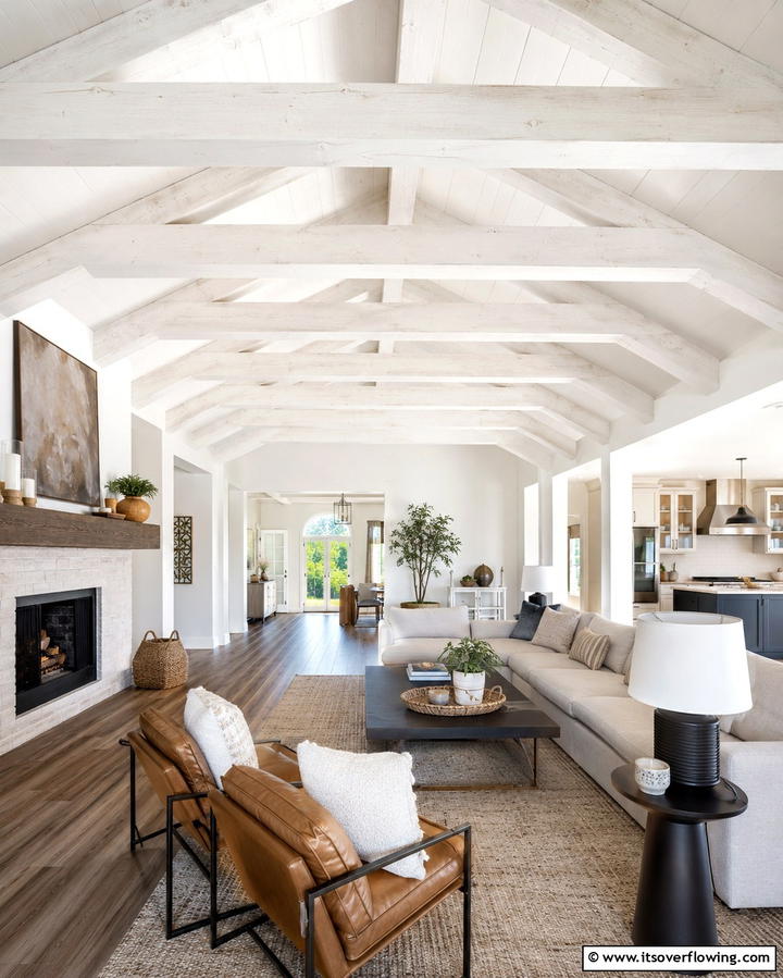 White Ceiling Beams - 25 White Living Room Ideas for a Timeless Look