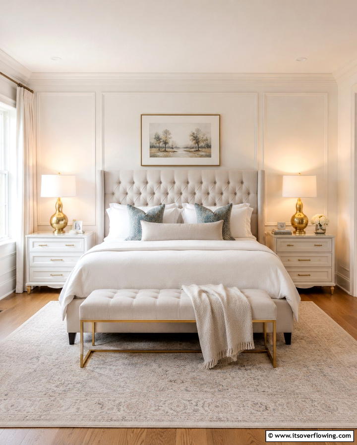 White Ceiling with Gold Detailing - 25 White and Gold Bedroom Ideas for a Serene Retreat