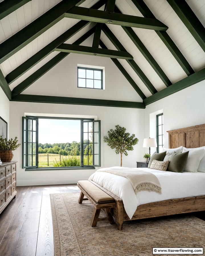 White Ceiling with Green Beams - 25 Green and White Bedroom Ideas for Serenity