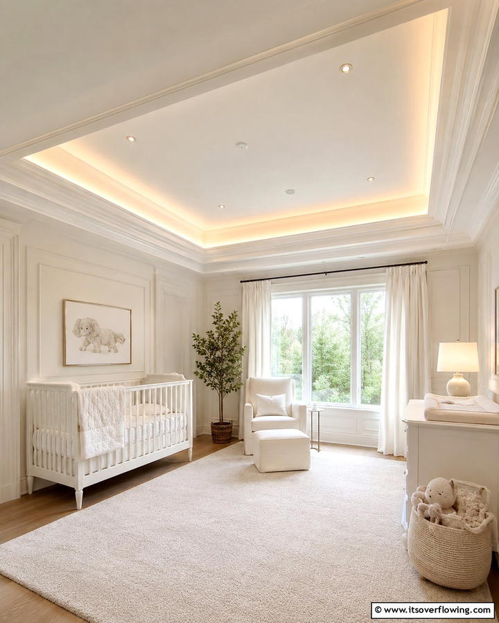 White Ceiling with Subtle Details - 25 White Nursery Ideas for a Calming Baby Room