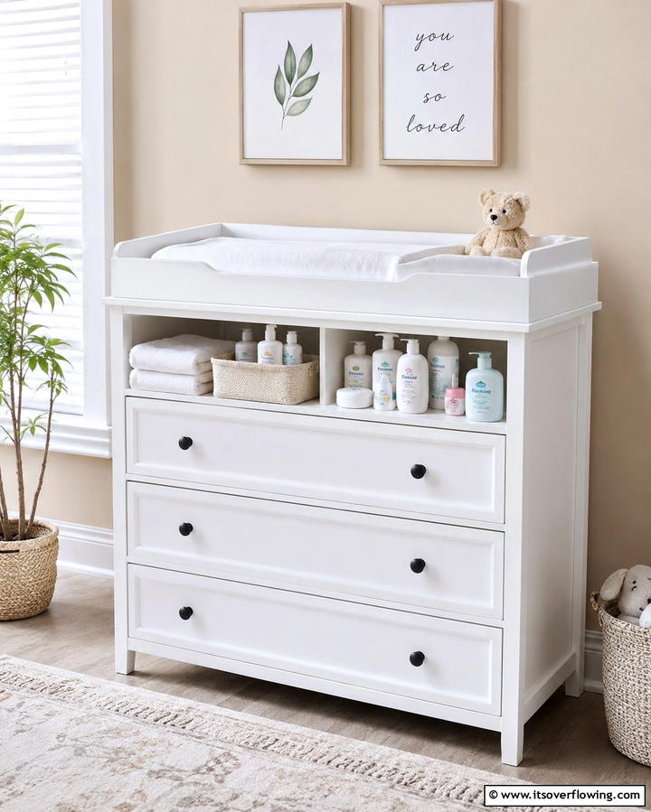White Changing Table with Storage - 25 White Nursery Ideas for a Calming Baby Room